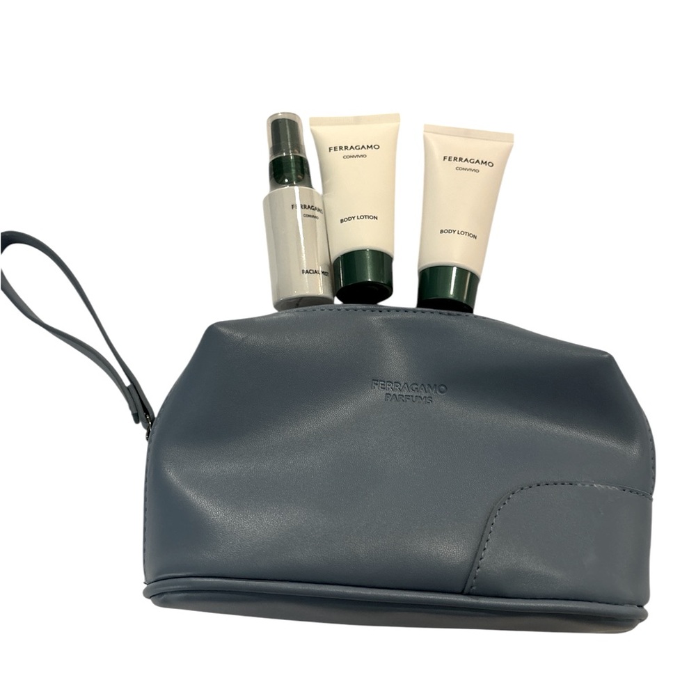 Ferragamo toiletry bag with body lotions & facial mist travel size 30ml NEW